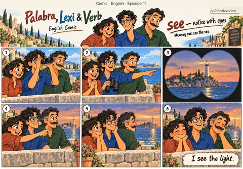 English comic, episode 11: see — notice with eyes. Lexi spots a distant lighthouse through binoculars and points to its light. Palabra sees it too while Verb watches beside them on a dry promenade.