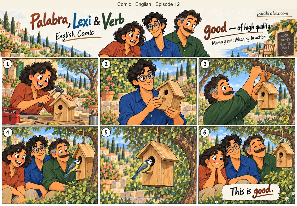 English comic, episode 12: good — of high quality. Palabra makes a sturdy wooden birdhouse, Lexi checks it and Verb hangs it on a low tree branch. A small bird visits the completed house.