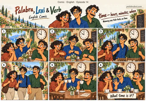 English comic, episode 14: time — hours, minutes; when. The three friends check a cafe clock showing ten o'clock, compare their watches and meet on time for coffee.