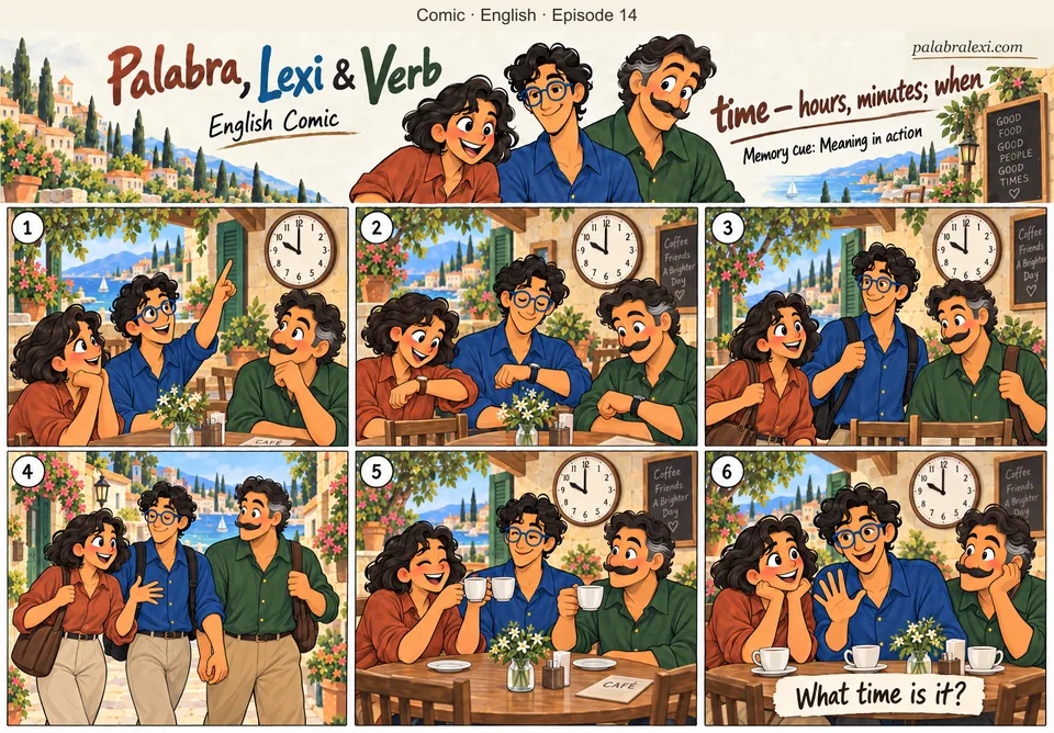 English comic, episode 14: time — hours, minutes; when. The three friends check a cafe clock showing ten o'clock, compare their watches and meet on time for coffee.