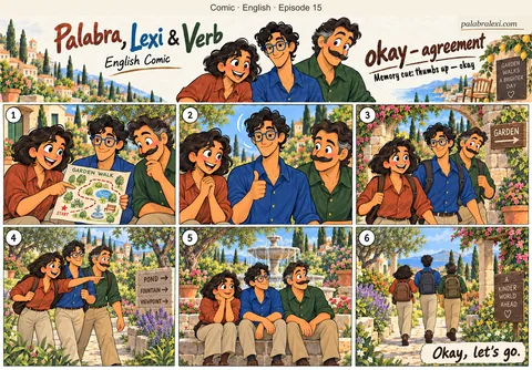 English comic, episode 15: okay — agreement. Palabra proposes a garden walk using a simple map. Lexi agrees, Verb smiles and they follow the path to the garden fountain.