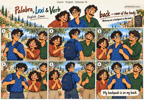 English comic, episode 16: back — rear of the body. Lexi wears one blue backpack on his back. Palabra points to his back and Verb helps him adjust the straps.