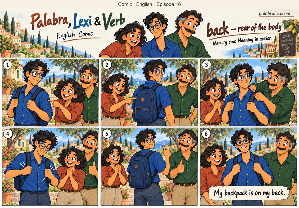 English comic, episode 16: back — rear of the body. Lexi wears one blue backpack on his back. Palabra points to his back and Verb helps him adjust the straps.
