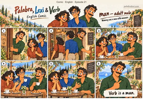 English comic, episode 21: man — adult male. Verb holds the door for Palabra and Lexi, then chats with them at a café.