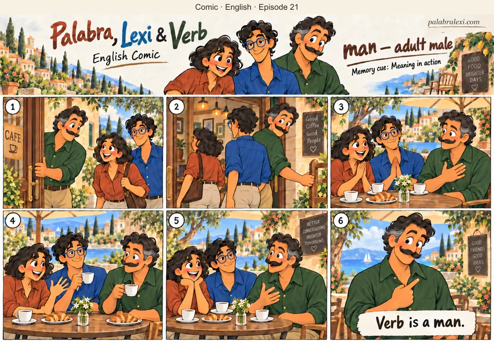 English comic, episode 21: man — adult male. Verb holds the door for Palabra and Lexi, then chats with them at a café.