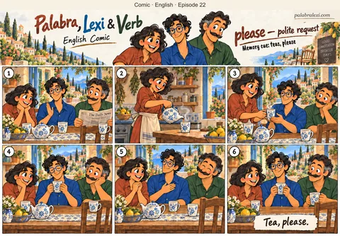 English comic, episode 22: please — polite request. Lexi politely asks Palabra for tea. She pours tea into his mug and hands it to him; the three friends enjoy tea together.