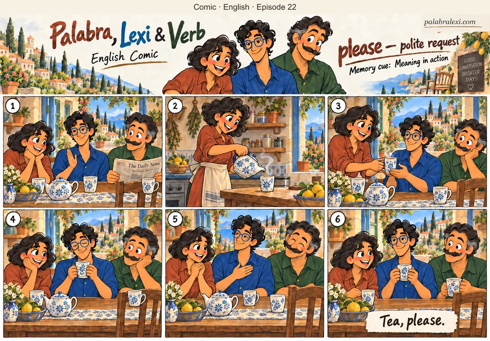English comic, episode 22: please — polite request. Lexi politely asks Palabra for tea. She pours tea into his mug and hands it to him; the three friends enjoy tea together.