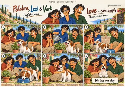 English comic, episode 17: love — care deeply. The three friends show love by caring for their dog and a small plant: Palabra pets the dog, Lexi waters the plant and Verb gives the dog fresh water.