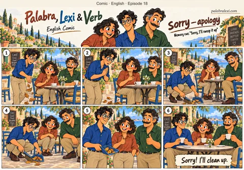 English comic, episode 18: sorry — apology. Lexi accidentally drops leaves on the café floor, says sorry to Palabra and sweeps them into a blue dustpan. Verb gives him a thumbs-up.