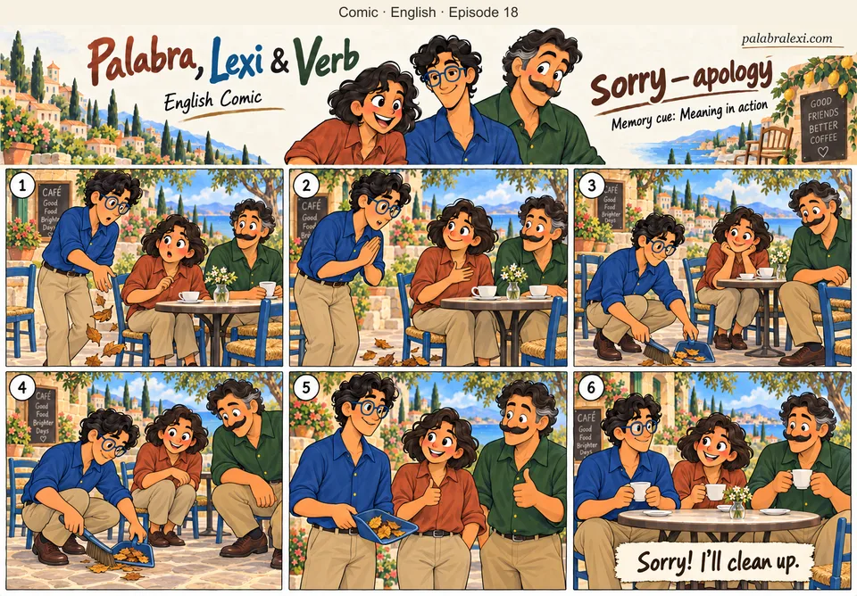 English comic, episode 18: sorry — apology. Lexi accidentally drops leaves onto the cafe floor, apologizes to Palabra and sweeps the leaves into one blue dustpan. Verb acknowledges the cleanup.