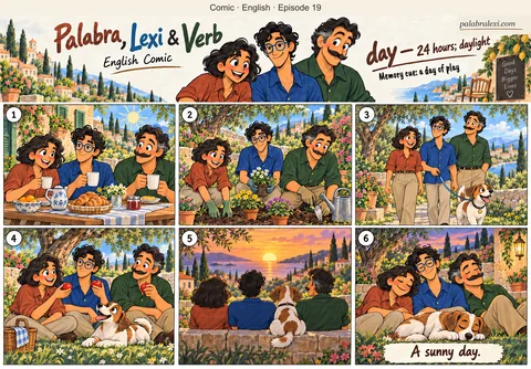 English comic, episode 19: day — 24 hours; daylight. Palabra, Lexi and Verb spend a sunny day together: breakfast, gardening, a walk with their dog, a snack and sunset.