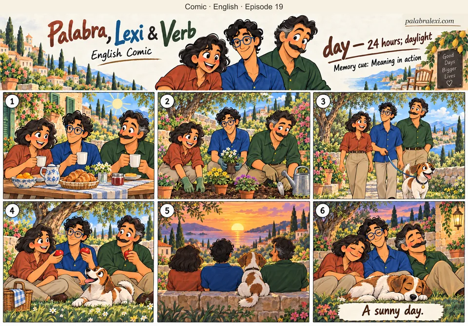 English comic, episode 19: day — 24 hours; daylight. Palabra, Lexi and Verb spend a sunny day together: breakfast, gardening, a walk with their dog, a snack and sunset.