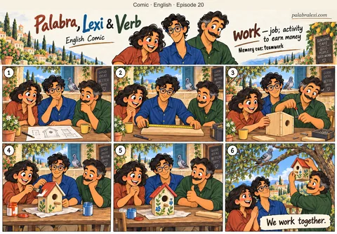 English comic, episode 20: work — job; activity to earn money. The three friends work together to plan, measure, assemble and paint one wooden birdhouse before hanging it on a tree.