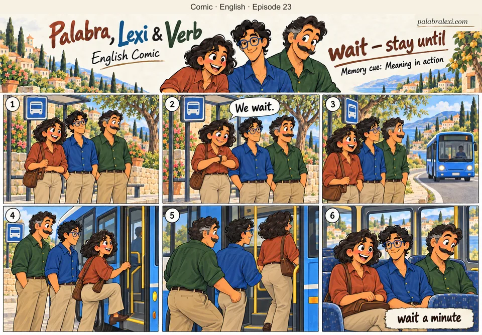 English comic, episode 23: wait — stay until. The three friends patiently wait at a bus stop. The same small blue bus approaches, halts and they board.