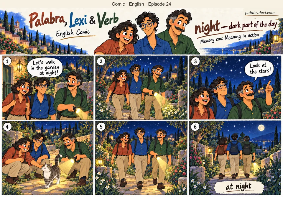 English comic, episode 24: night — dark part of the day. The friends walk on a safe garden path at night with one yellow flashlight. The sky is dark and starry in every panel.