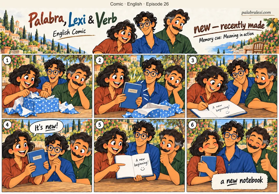 English comic, episode 26: new — recently made. Palabra unwraps a new blue notebook, writes “A new beginning!” in it and shows the written page to Lexi and Verb.