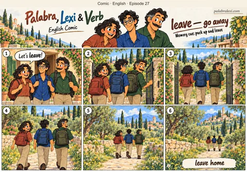 English comic, episode 27: leave — go away. The friends take their backpacks and leave through the garden gate.