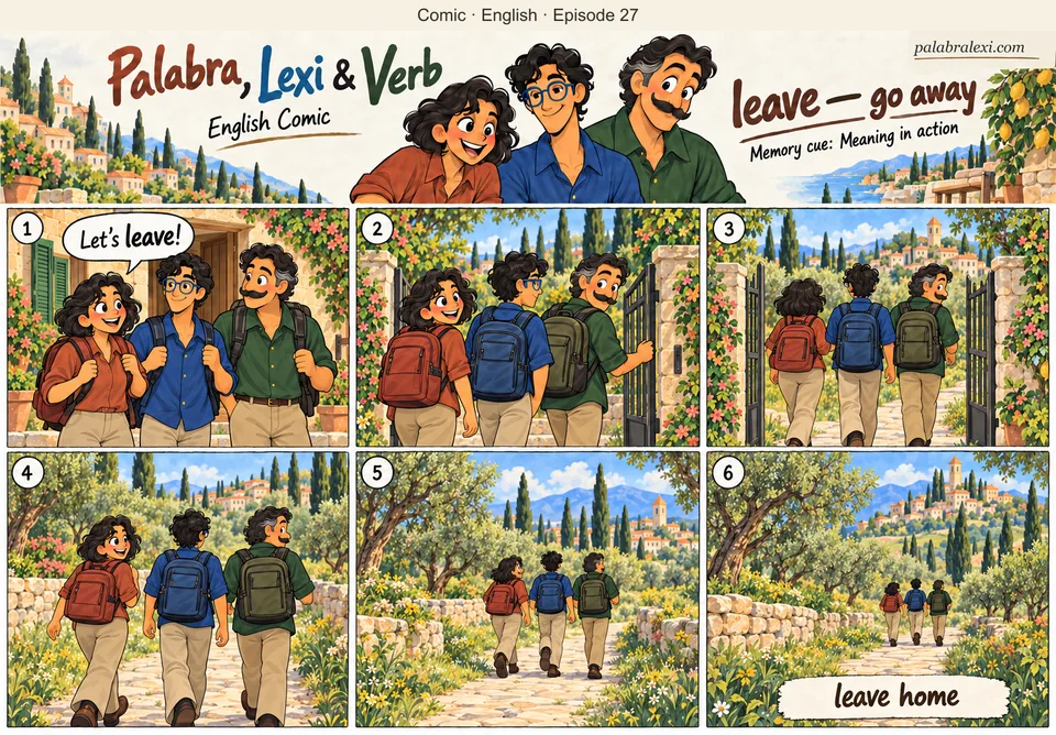 English comic, episode 27: leave — go away. The trio takes their three backpacks and leaves a garden through the gate, walking away along the same path.