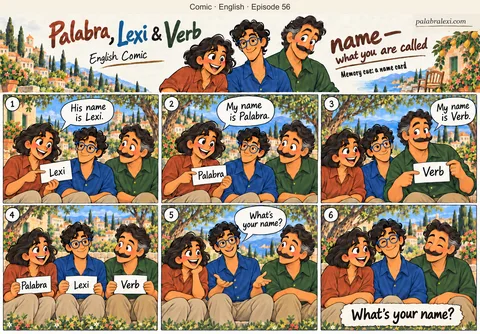 English comic, episode 56: name — what you are called. Palabra, Lexi and Verb show their name cards, introduce themselves and ask each other their names.