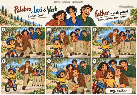 English comic, episode 29: father — male parent. A father helps his little son learn to ride a bicycle while the friends watch.