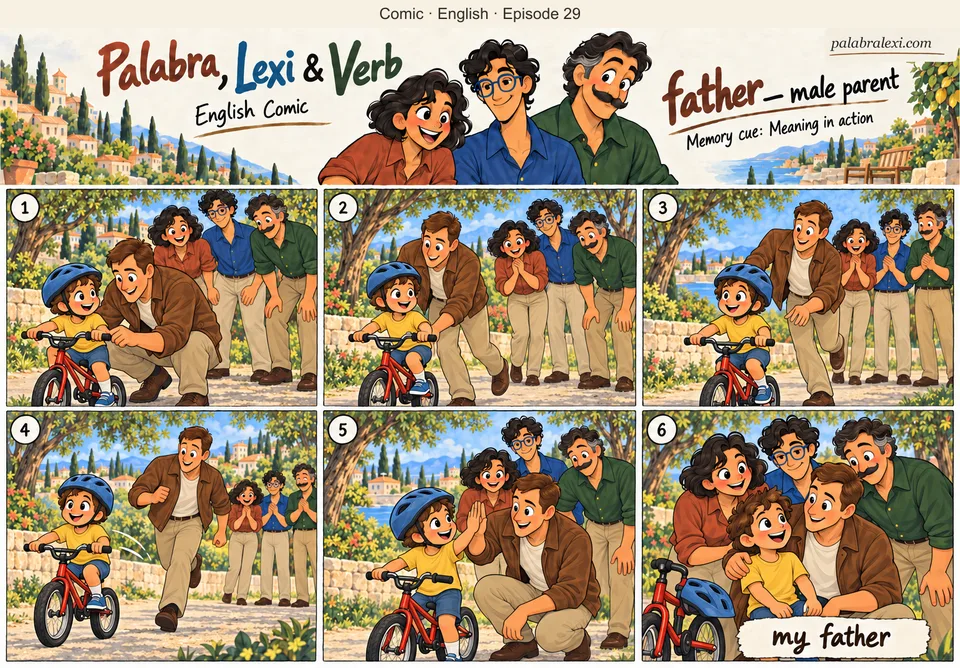 English comic, episode 29: father — male parent. A distinct additional father in a brown jacket, short straight brown hair and no moustache, helps his little son in a yellow shirt learn to ride a bicycle. The trio watches kindly; do not change trio identities or label Verb Lexi's father.