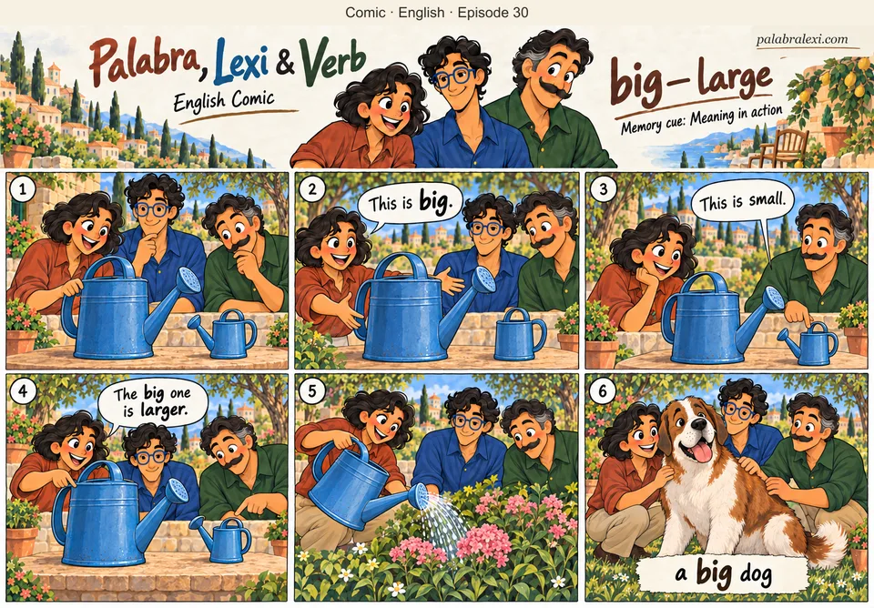 English comic, episode 30: big — large. The friends compare a large blue watering can with a small one, water flowers, then greet a big dog.