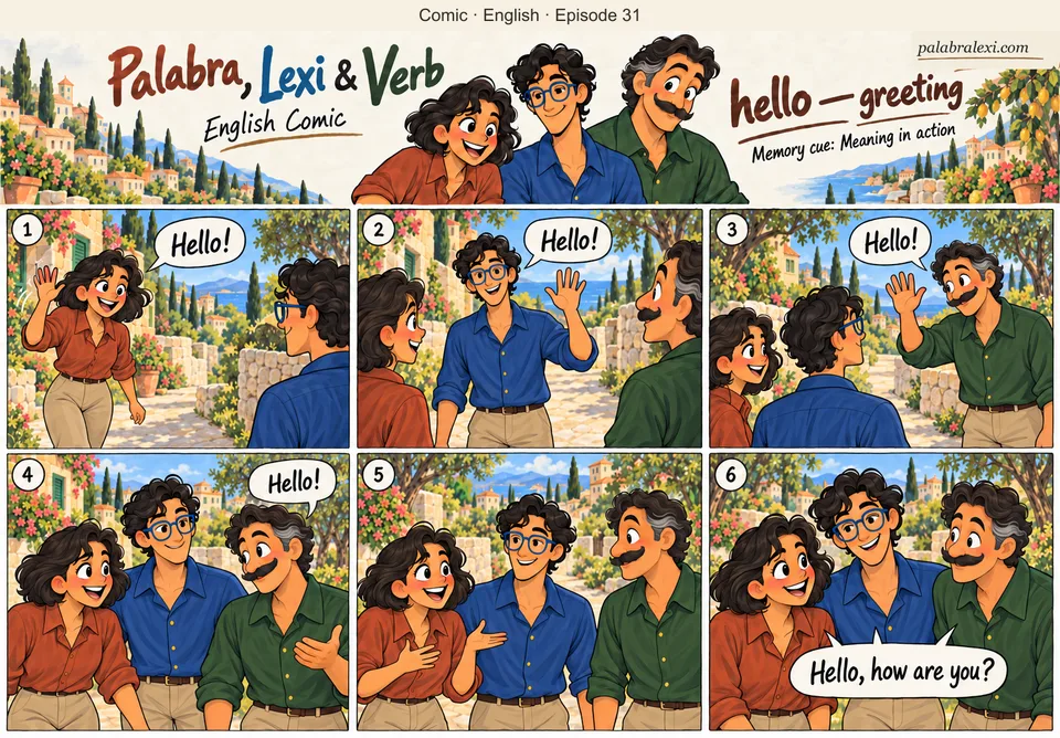English comic, episode 31: hello — greeting. The trio meets on a sunny village path and greets one another with a friendly wave. No extra props.