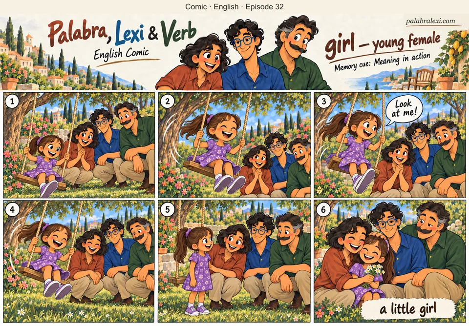 English comic, episode 32: girl — young female. A distinct little girl in a purple dress, straight brown ponytail, plays on one garden swing. Palabra, Lexi and Verb smile nearby. Do not portray Palabra as a little child.