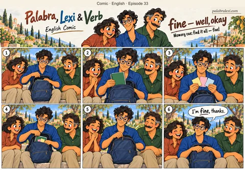 English comic, episode 33: fine — well, okay. Lexi checks that his notebook and three paper notes are all in his backpack and smiles with relief: everything is fine. Palabra and Verb smile too.