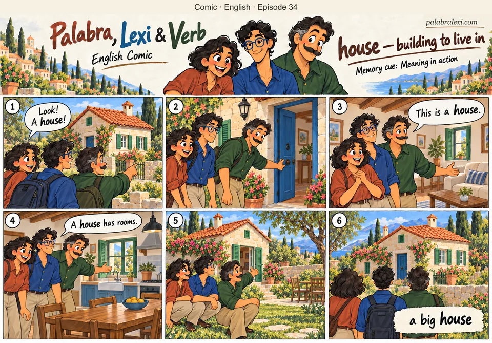 English comic, episode 34: house — building to live in. The trio look at a stone house, enter through the blue door, visit its living room and kitchen and admire it from the garden.
