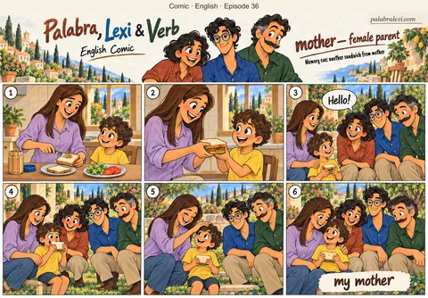 English comic, episode 36: mother — female parent. A mother makes a sandwich for her child, and the three friends greet them.