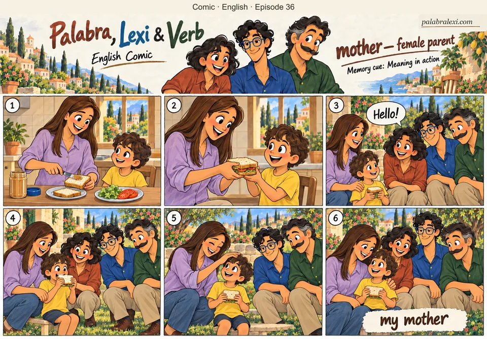 English comic, episode 36: mother — female parent. An additional mother wearing a lavender blouse with long straight brown hair makes one sandwich for her young child in a yellow shirt. The trio greets them kindly. Do not relabel Palabra as a mother or change her original look.