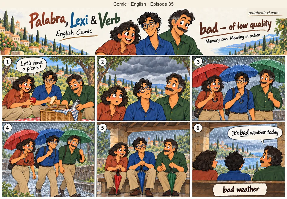 English comic, episode 35: bad — of low quality. The trio plans a picnic but bad weather brings rain. Each friend has their own umbrella and they calmly go to a covered shelter. Bad refers to weather, not people.