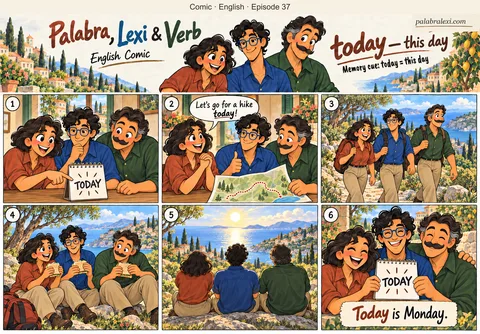 English comic, episode 37: today — this day. The friends point to today's page on a desk calendar, make a plan and follow it on that sunny day.