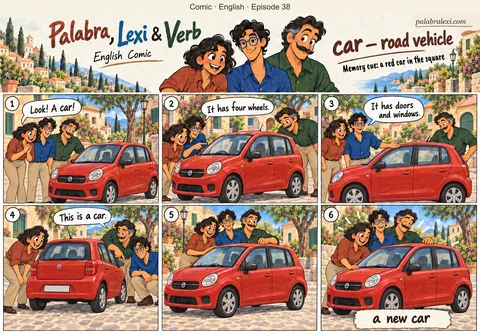 English comic, episode 38: car — road vehicle. The friends examine a small red car parked in the village square.