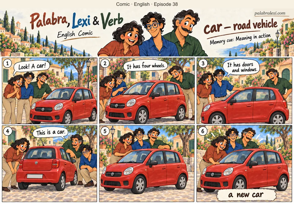 English comic, episode 38: car — road vehicle. The trio examines one stationary small red car in a village square. Show same car with four wheels, same shape, same windows across all panels. Safe scene, no dangerous driving.