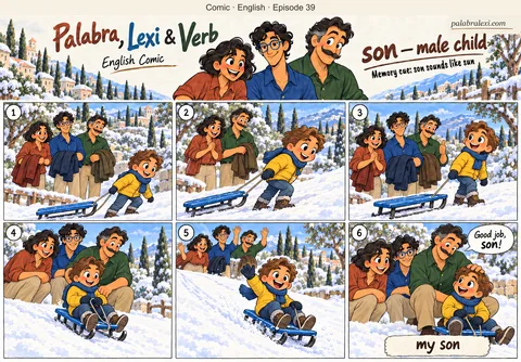 English comic, episode 39: son — male child. Verb encourages his son as the child pulls and rides one blue sled on gentle snow. Palabra and Lexi watch.