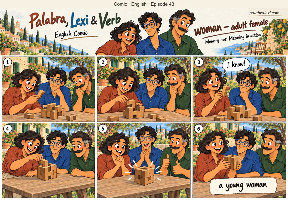 English comic, episode 43: woman — adult female. Palabra, the adult woman, solves a simple wooden puzzle on a garden table. Lexi and Verb appreciate her idea; no comparison of genders, no stereotypes or body comments.