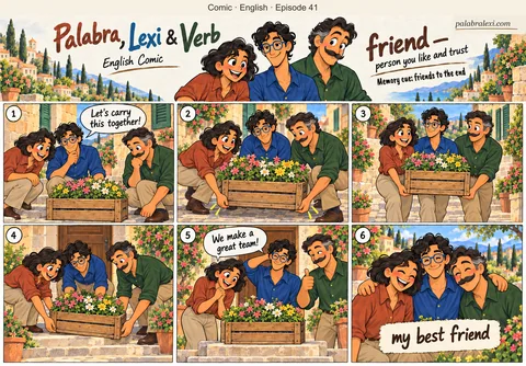 English comic, episode 41: friend — person you like and trust. Palabra, Lexi and Verb help one another carry a small wooden crate of flowers.