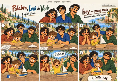 English comic, episode 42: boy — young male. A boy builds a wooden toy boat while Palabra, Lexi and Verb help him.