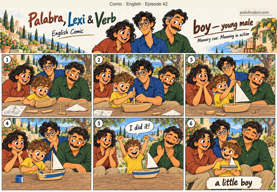 English comic, episode 42: boy — young male. A boy builds a wooden toy boat while Palabra, Lexi and Verb help him.