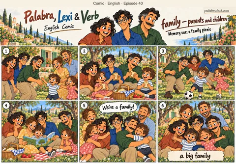 English comic, episode 40: family — parents and children. A family of two parents and two children has a garden picnic. Palabra, Lexi and Verb join them.