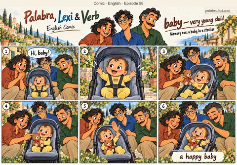 English comic, episode 58: baby — very young child. Palabra, Lexi and Verb greet a smiling baby in a yellow romper sitting in a stroller with a teddy bear.