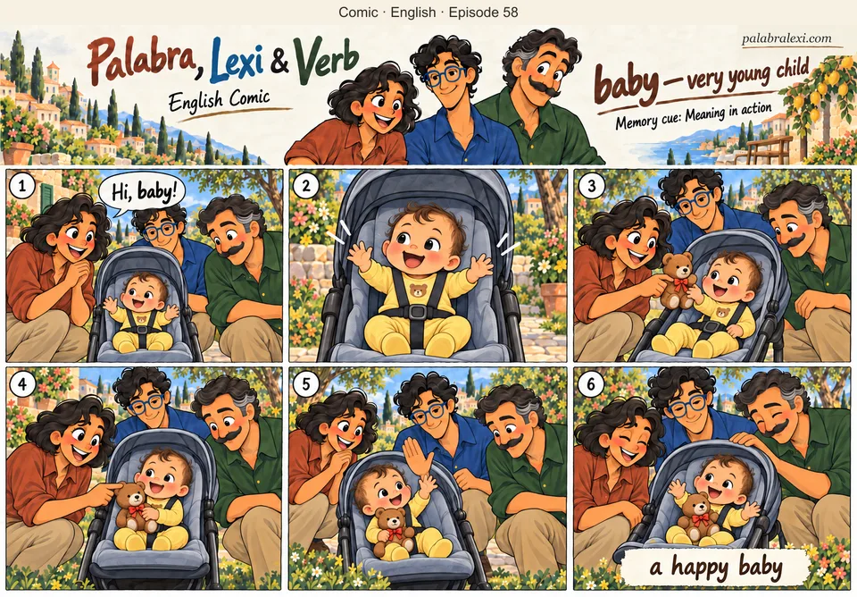 English comic, episode 58: baby — very young child. Palabra, Lexi and Verb greet a smiling baby in a yellow romper sitting in a stroller with a teddy bear.
