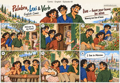 English comic, episode 49: live — have your home; be alive. Palabra, Lexi and Verb visit an older woman at her home, help in her garden and practise “I live in Moscow.”