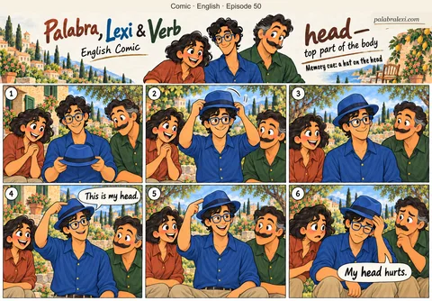 English comic, episode 50: head — top part of the body. Lexi puts on a blue hat, points toward his head and later says his head hurts.