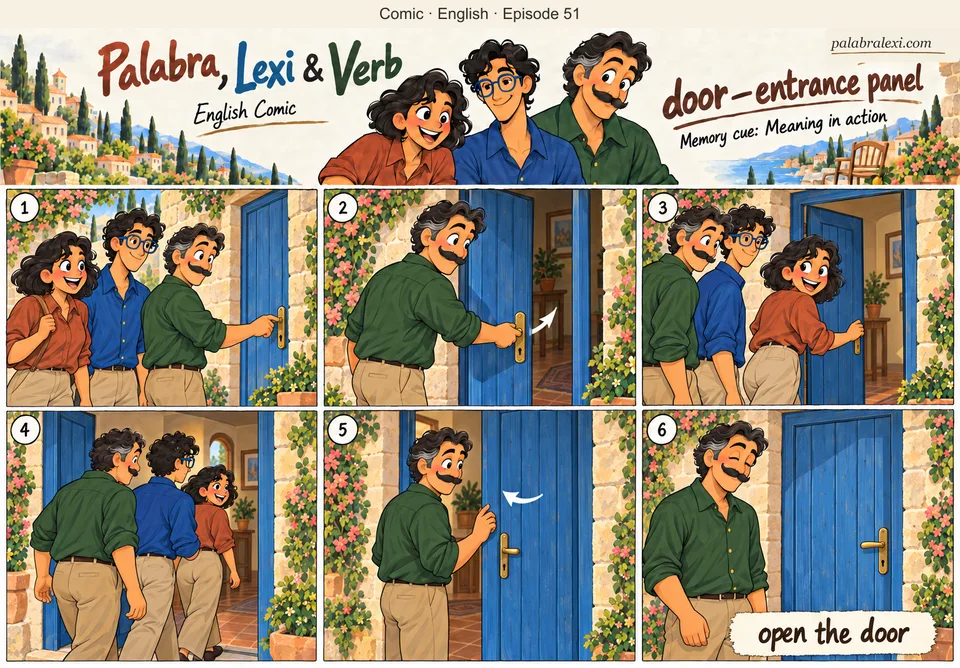 English comic, episode 51: door — entrance panel. Verb opens a blue entrance door, the trio walk through it and he closes it again.