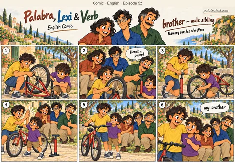 English comic, episode 52: brother — male sibling. Two brothers repair a red bicycle with the friends' help, pump up the tyre and celebrate together.