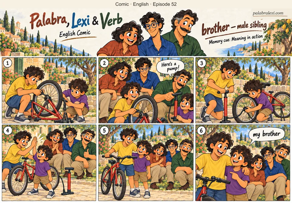 English comic, episode 52: brother — male sibling. Two brothers repair a red bicycle with the trio’s help, inflate the tyre, celebrate and identify their family relationship.