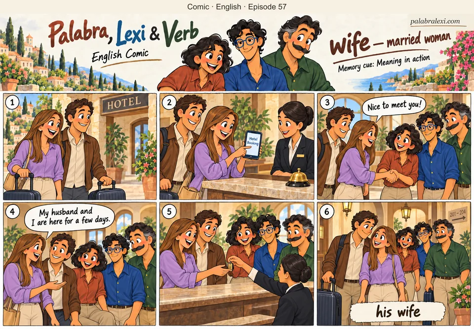 English comic, episode 57: wife — married woman. A married couple checks into a hotel; the wife shows their booking at reception and greets the friends.